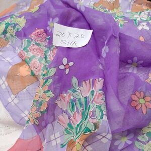 Silk Scarf Floral Print Purple Lightweight Spring Summer 20x20